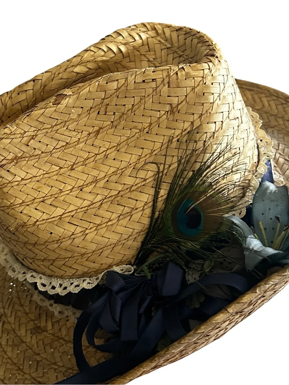 Embellished Straw Cowboy Hat Rustic Pinched Front Upturned Brim